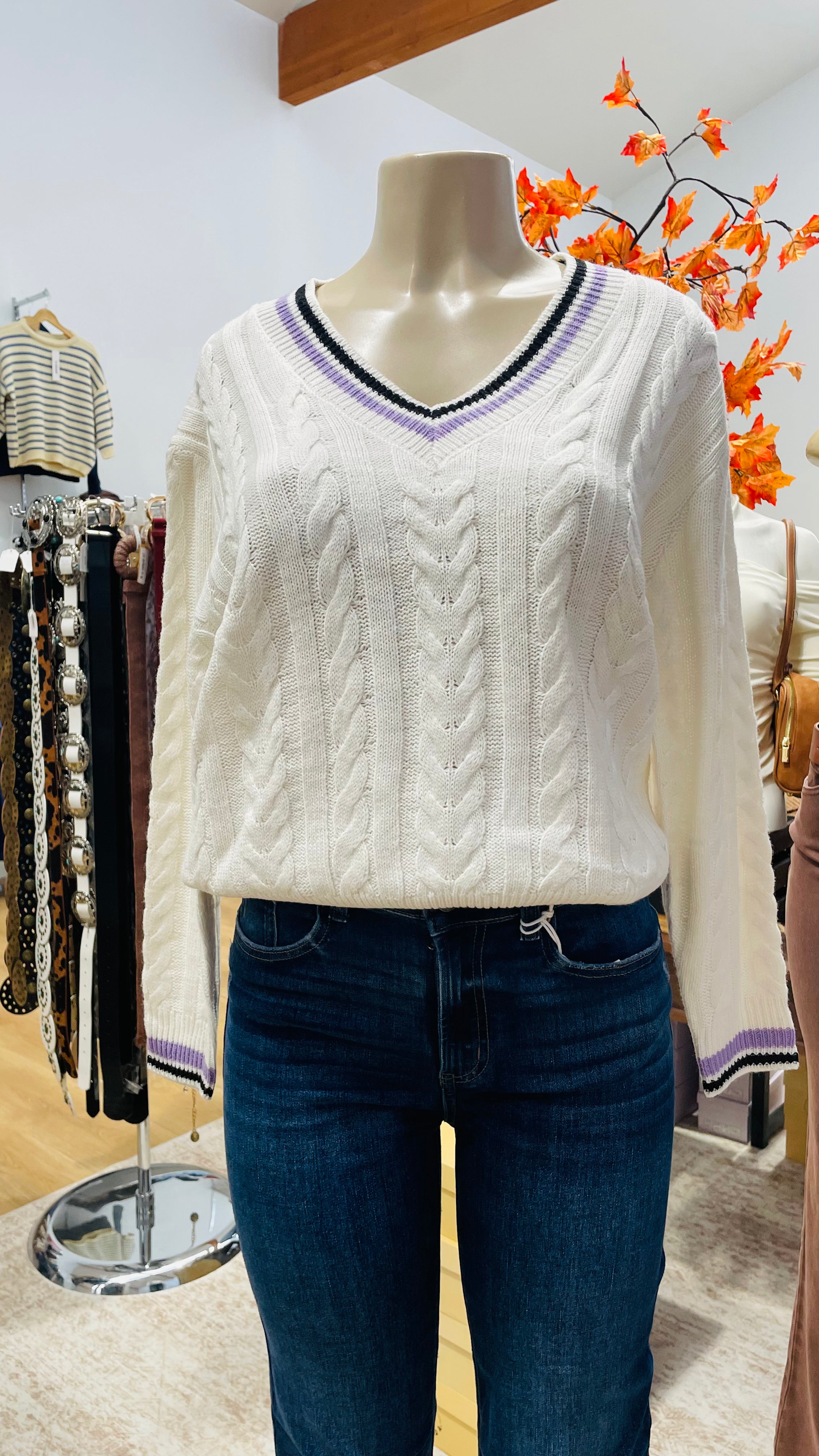 V neck cable sweater