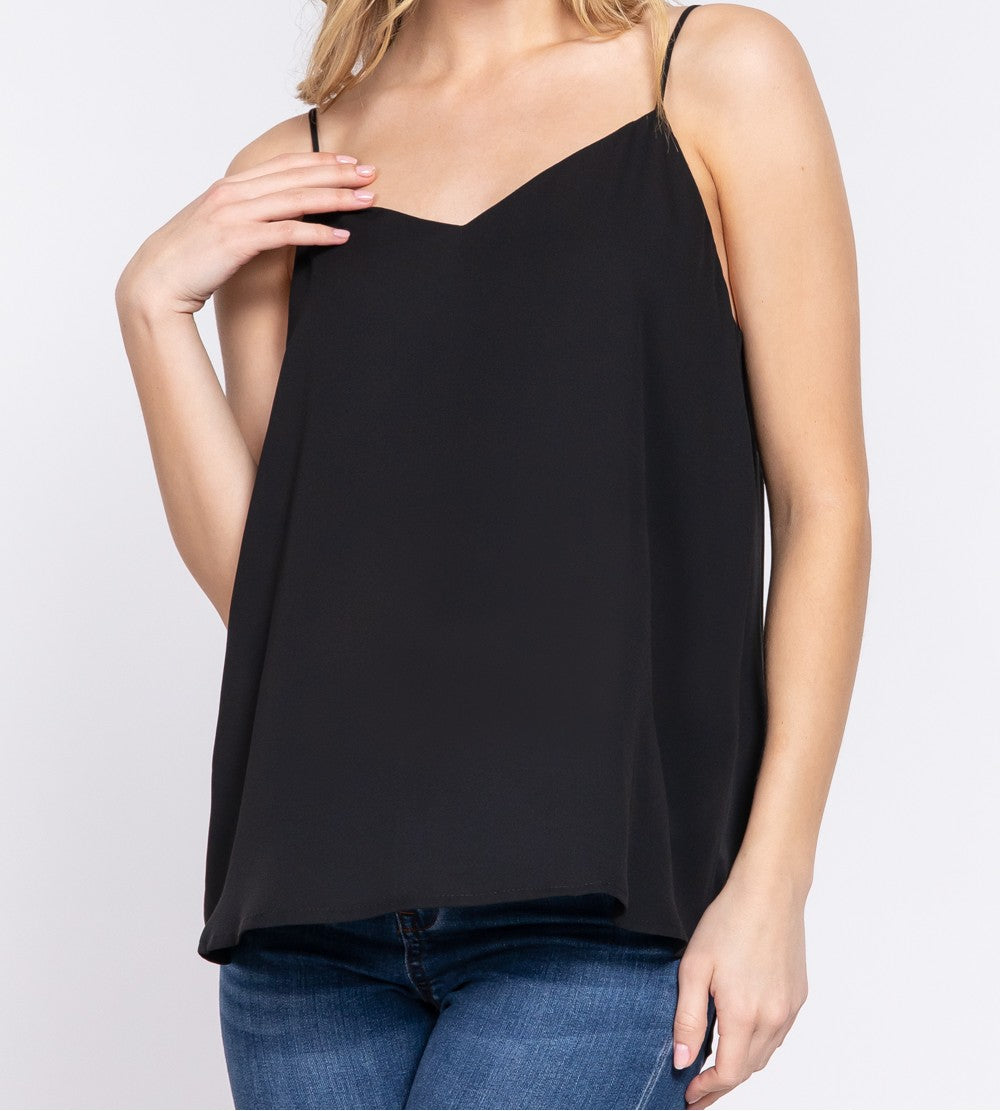 V-NECK w/BACK CROSS STRAP WOVEN CAMI TOP