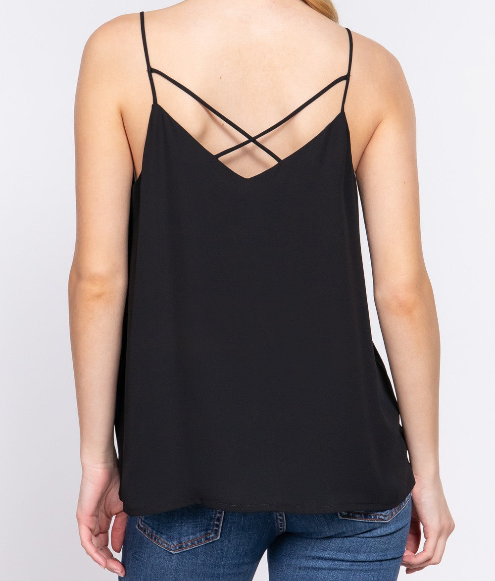 V-NECK w/BACK CROSS STRAP WOVEN CAMI TOP
