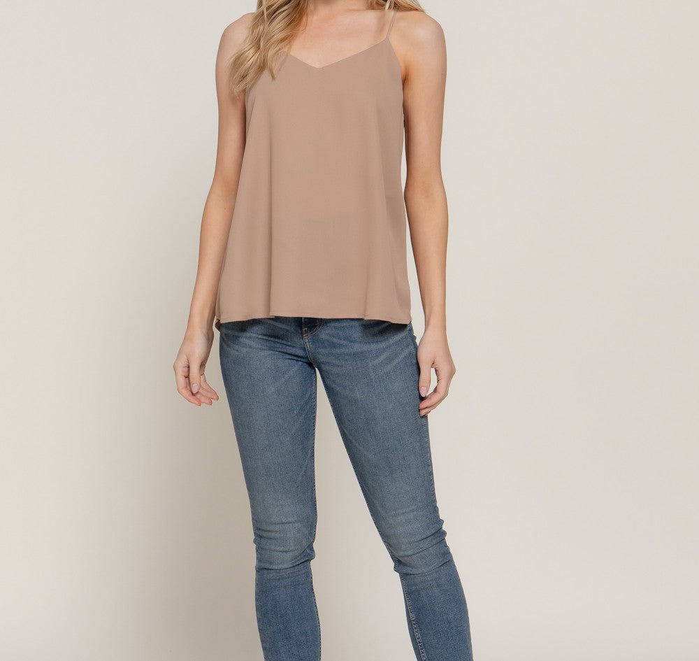 V-NECK w/BACK CROSS STRAP WOVEN CAMI TOP
