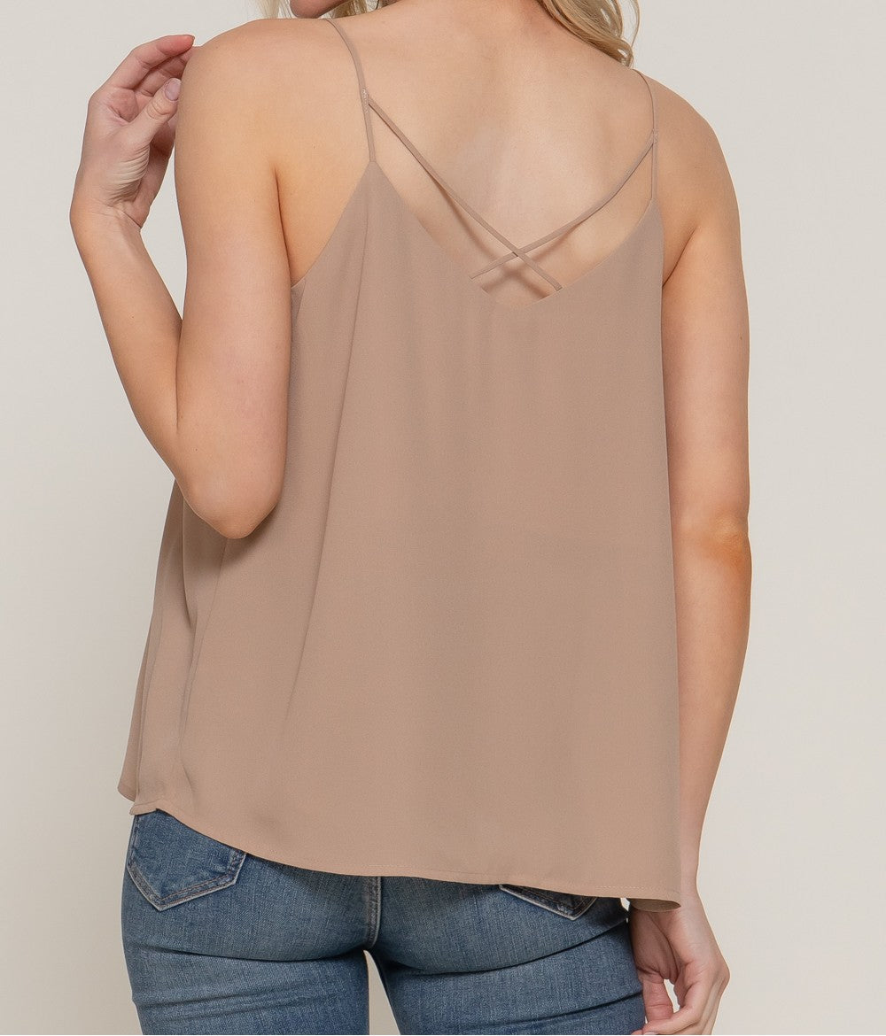 V-NECK w/BACK CROSS STRAP WOVEN CAMI TOP